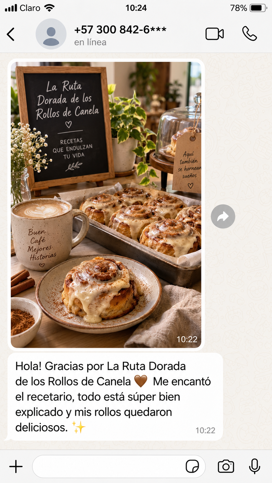 Mensaje de una persona que horneó rollos de canela con el recetario