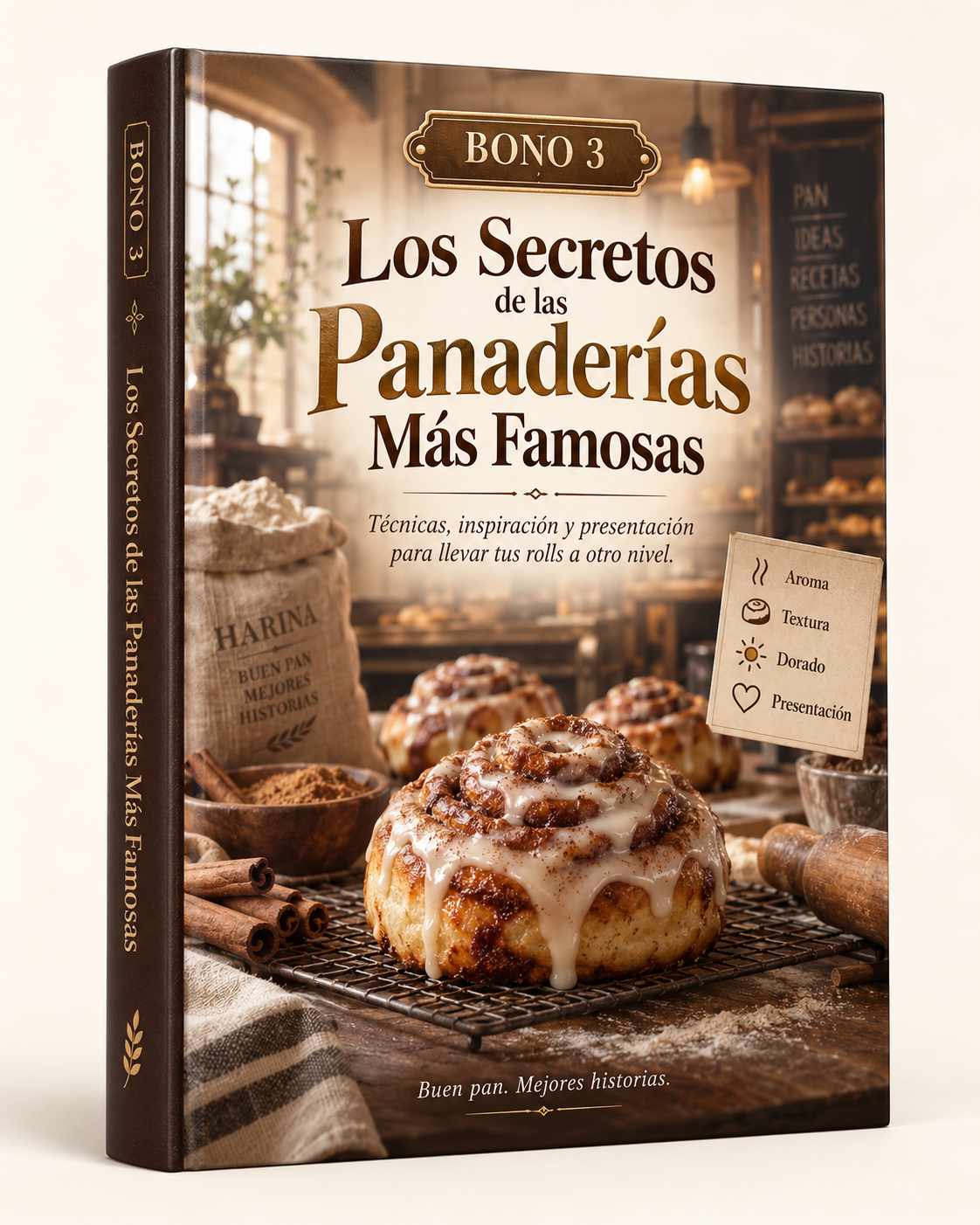 Vitrina de panadería artesanal llena de rollos de canela brillantes