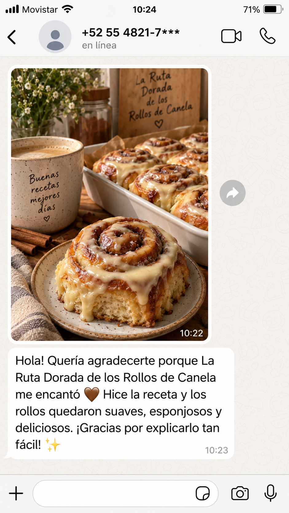 Mensaje de una persona que preparó rollos de canela con el recetario