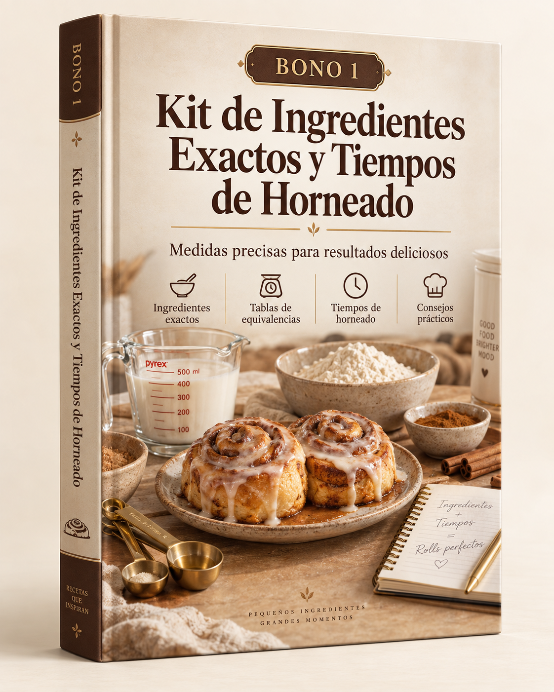 Hoja con cantidades exactas junto a báscula, medidores y cronómetro de cocina