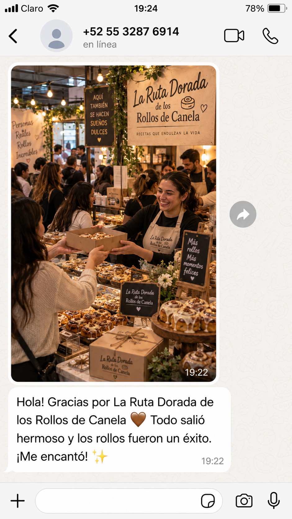 Mensaje de una persona que comenzó a ofrecer sus rollos de canela