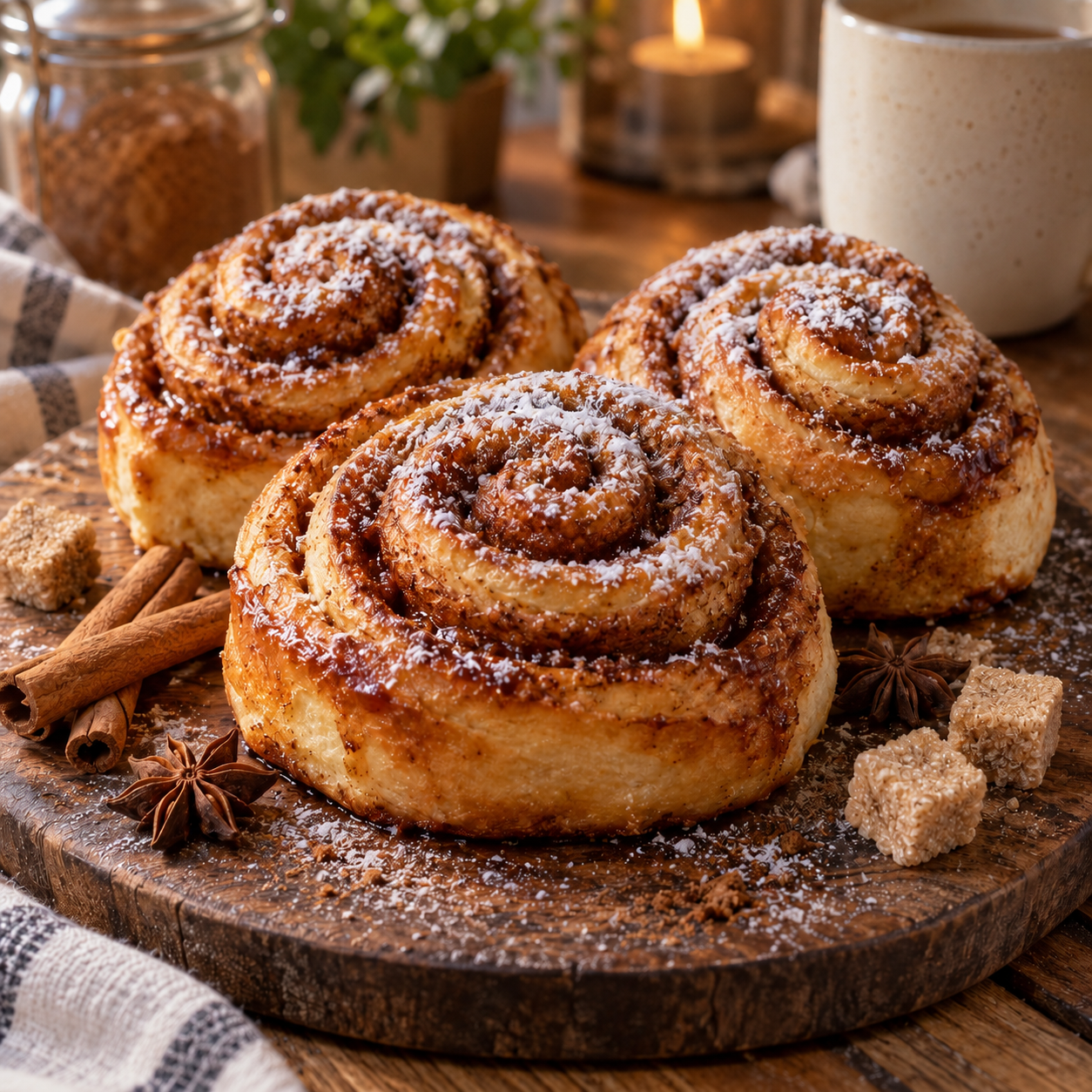 Rollos de canela estilo cafetería con canela y azúcar junto a un café