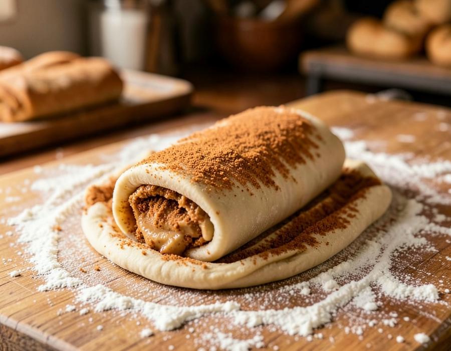 Masa suave de rollos de canela siendo amasada y extendida sobre la mesa